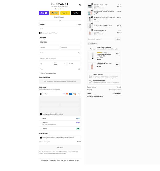 Dr. Brandt Skincare checkout page showing Dr. Brandt Skincare promo code box | Screenshot taken by SimplyCodes community member on Aug 22, 2025