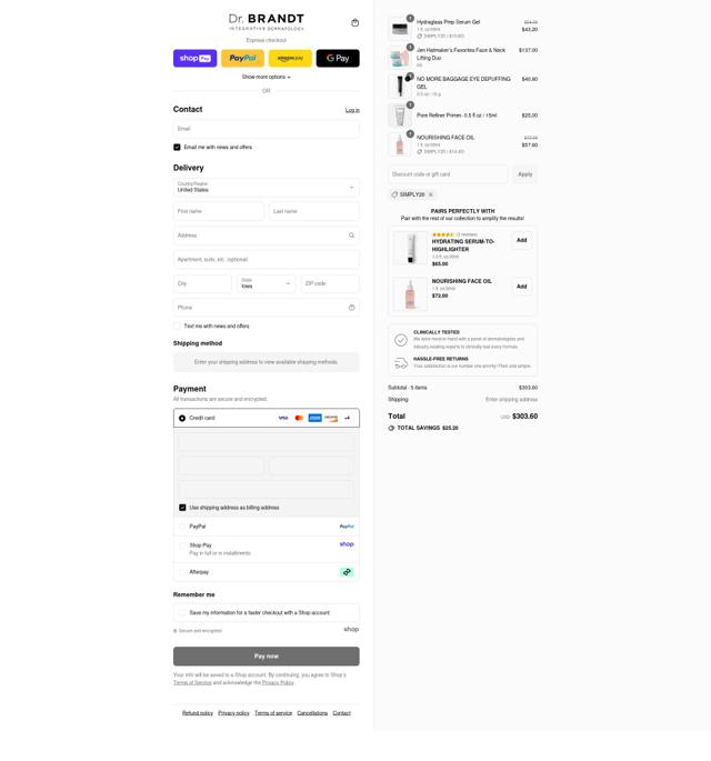 Dr. Brandt Skincare checkout page showing Dr. Brandt Skincare promo code box | Screenshot taken by SimplyCodes community member on Aug 27, 2025