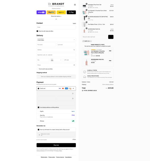 Dr. Brandt Skincare checkout page showing Dr. Brandt Skincare promo code box | Screenshot taken by SimplyCodes community member on Aug 17, 2025