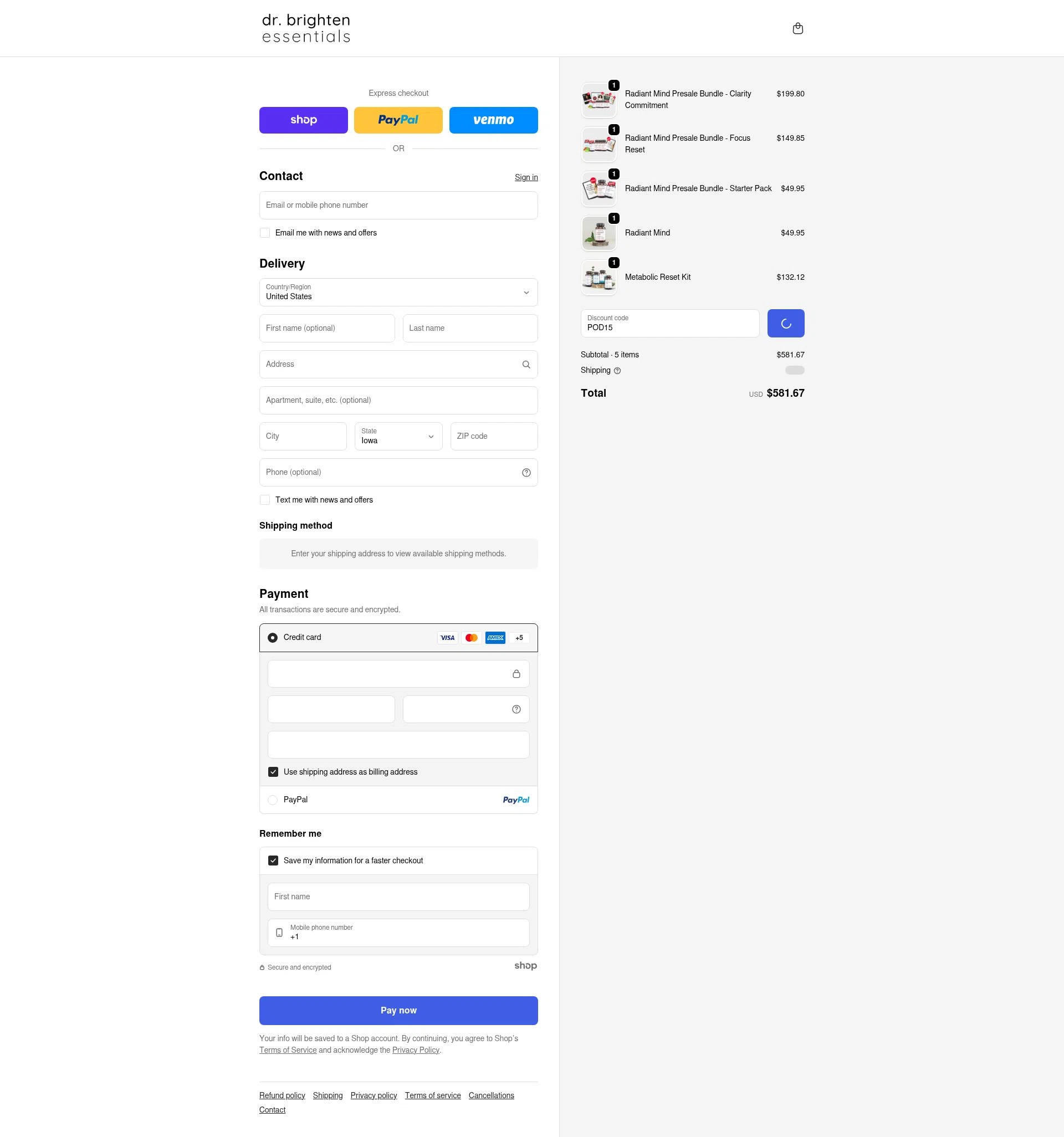 Dr. Brighten Essentials checkout page showing Dr. Brighten Essentials promo code box | Screenshot taken by SimplyCodes community member on Jan 23, 2026