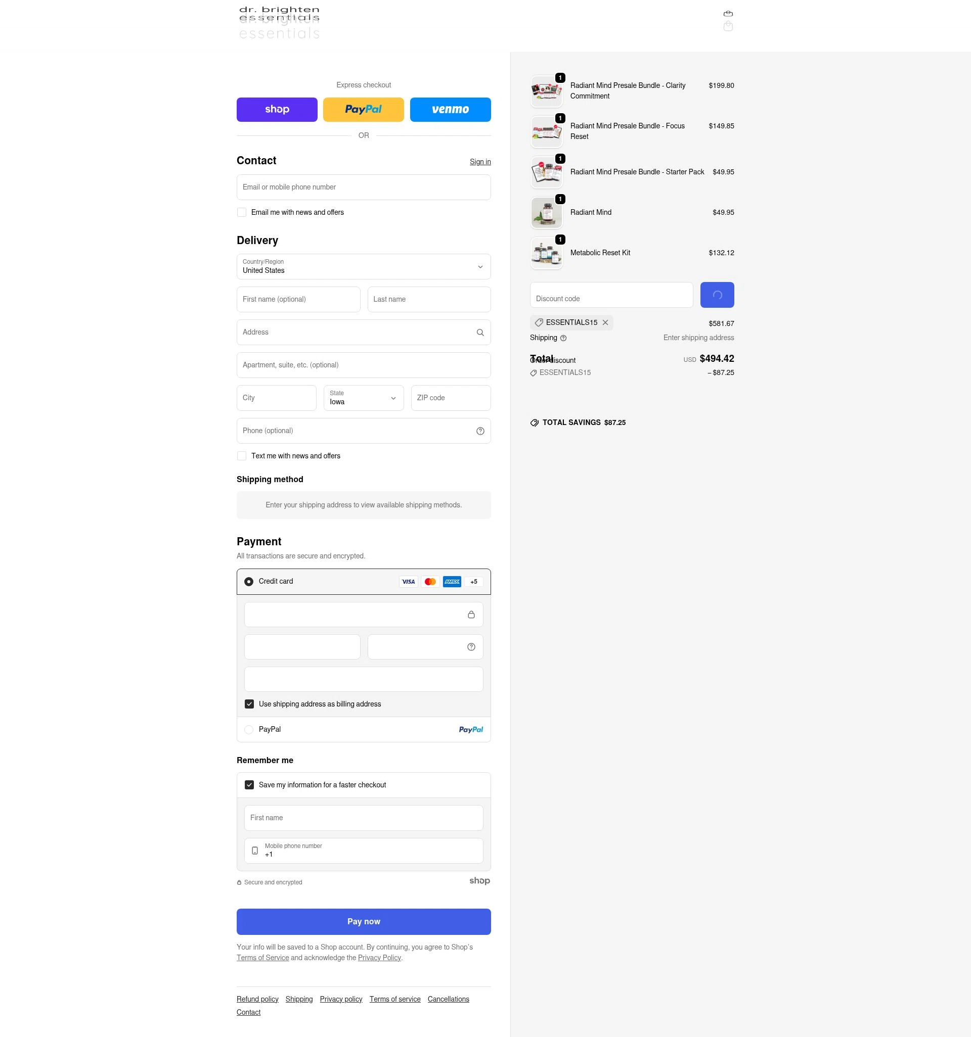 Dr. Brighten Essentials checkout page showing Dr. Brighten Essentials promo code box | Screenshot taken by SimplyCodes community member on Jan 27, 2026