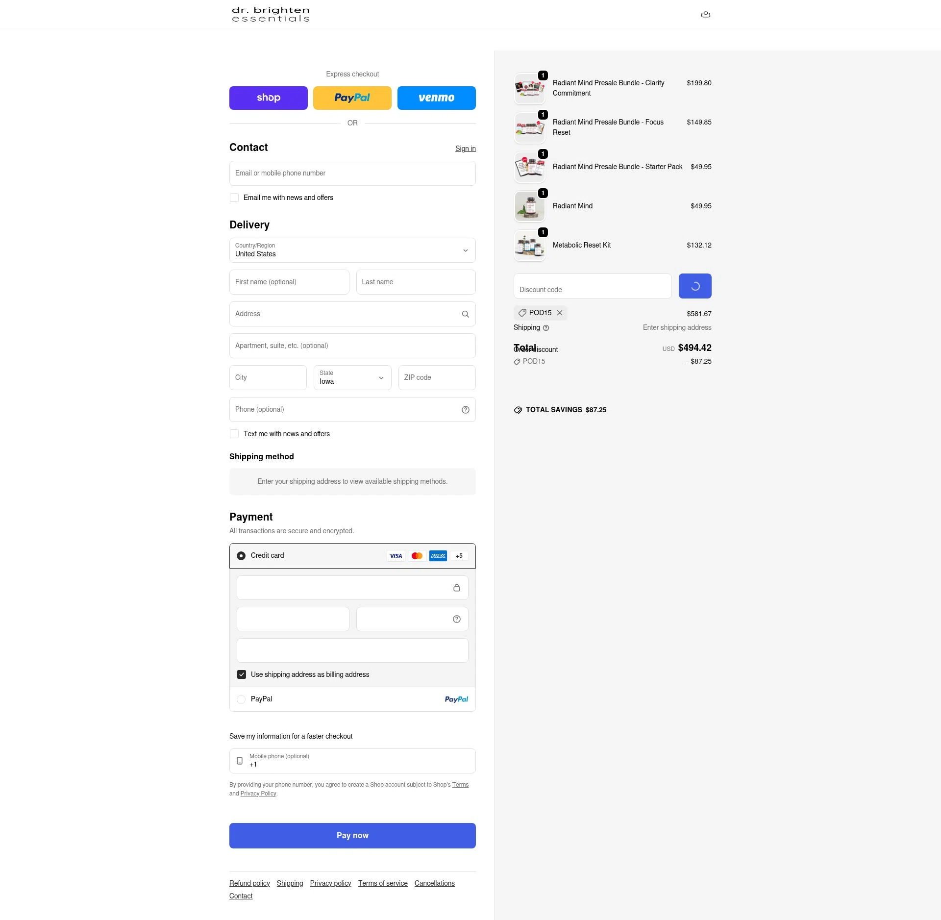 Dr. Brighten Essentials checkout page showing Dr. Brighten Essentials promo code box | Screenshot taken by SimplyCodes community member on Feb 5, 2026