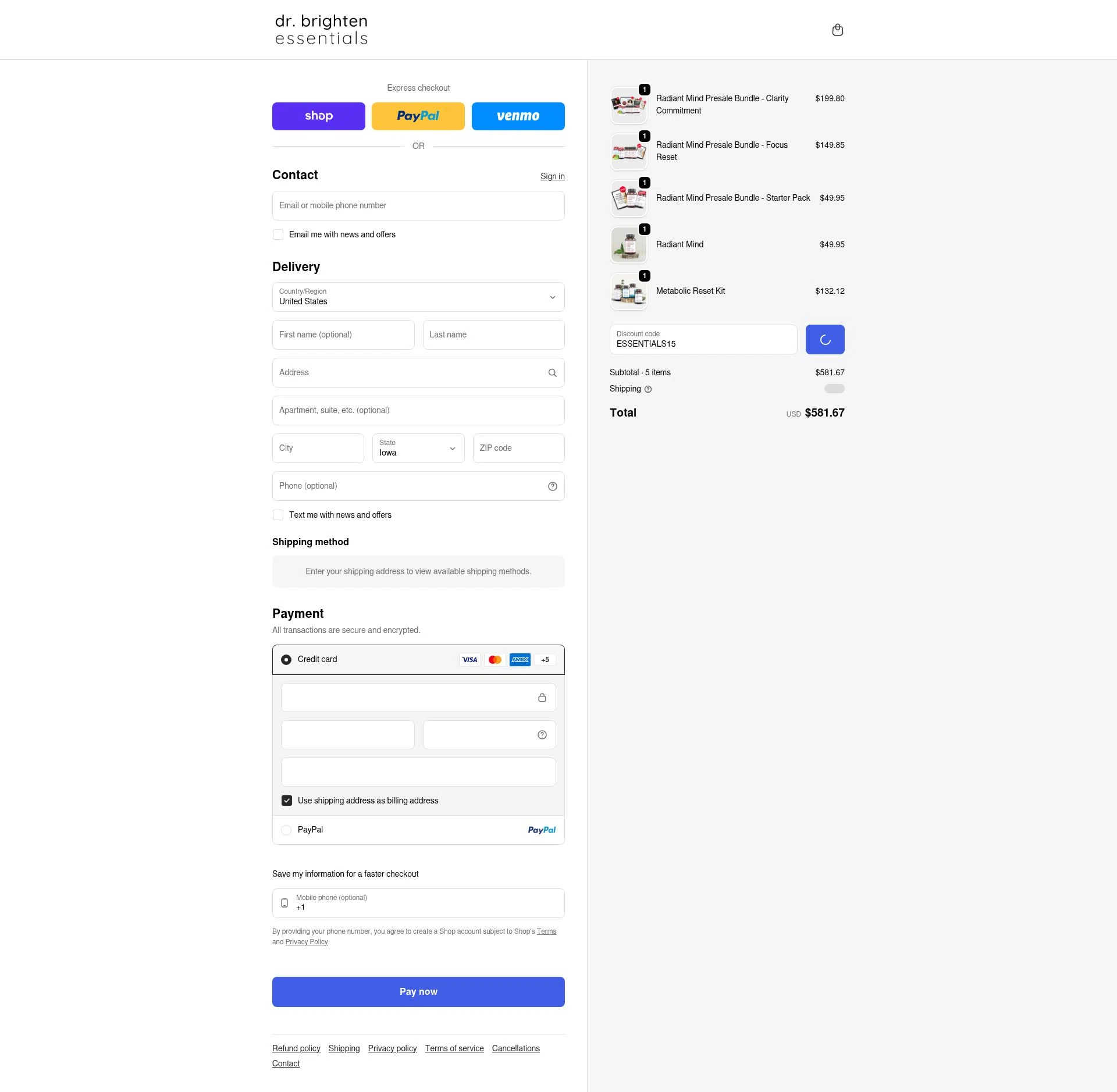 Dr. Brighten Essentials checkout page showing Dr. Brighten Essentials promo code box | Screenshot taken by SimplyCodes community member on Feb 10, 2026