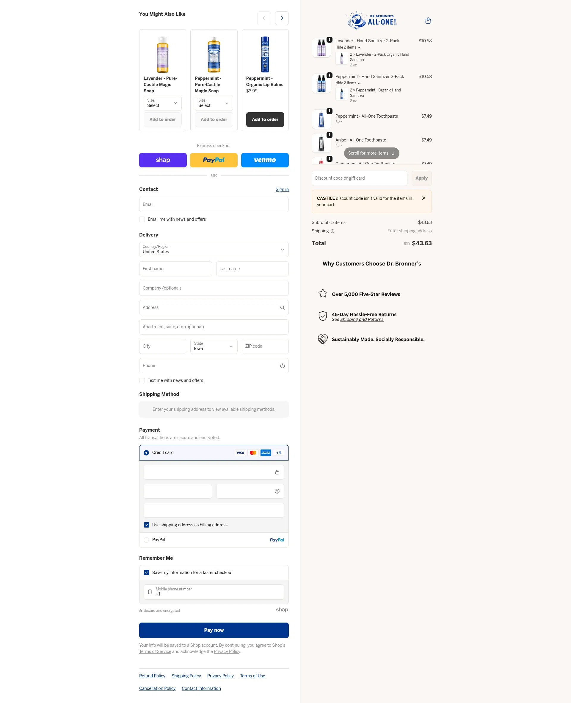 Dr. Bronner's checkout page showing Dr. Bronner's discount code box | Screenshot taken by SimplyCodes community member on Jan 6, 2026