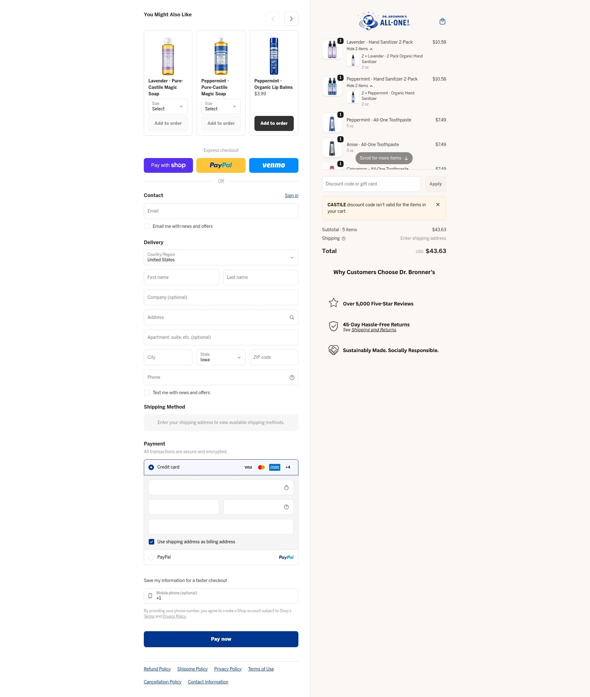 Dr. Bronner's checkout page showing Dr. Bronner's discount code box | Screenshot taken by SimplyCodes community member on Jan 11, 2026