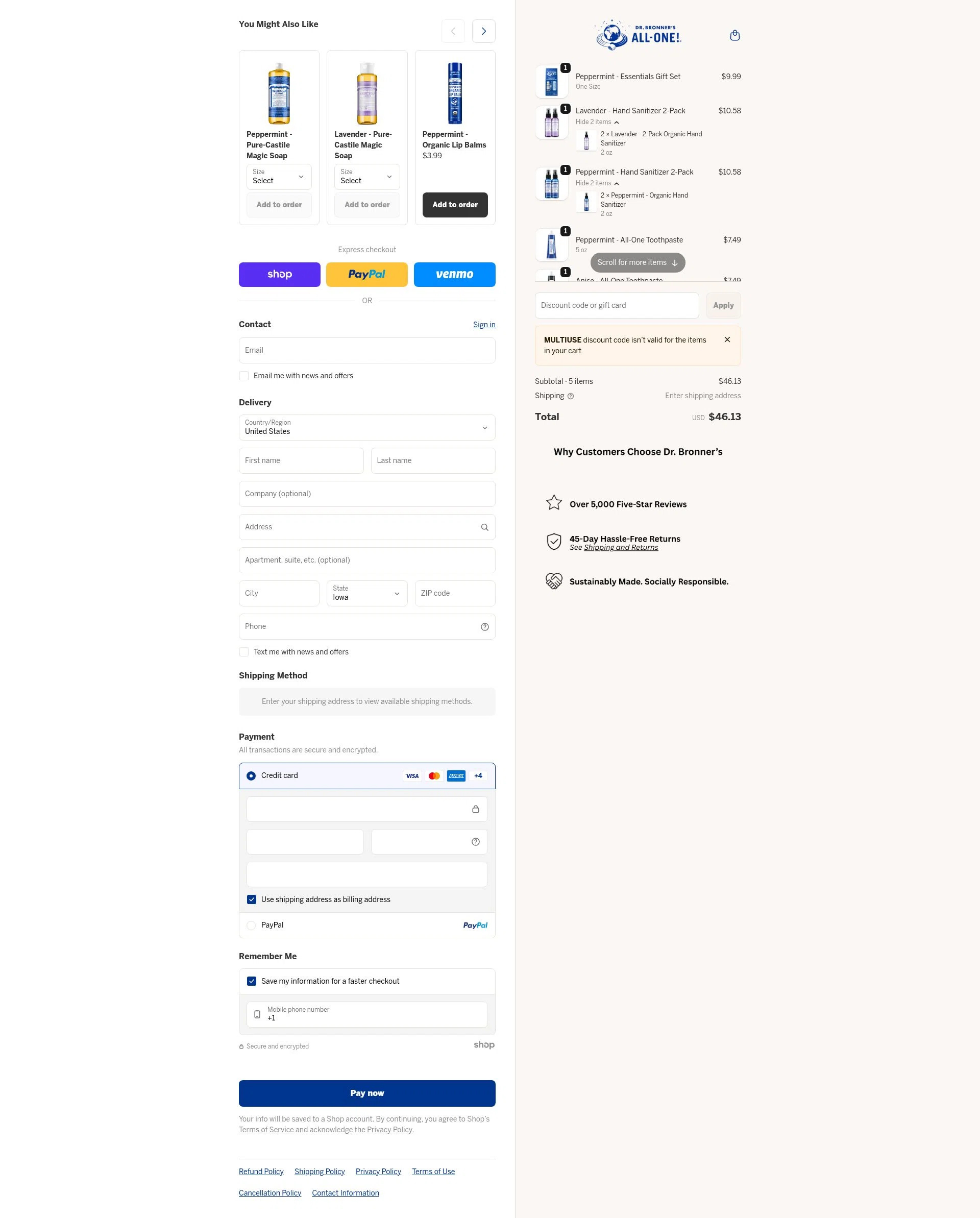 Dr. Bronner's checkout page showing Dr. Bronner's discount code box | Screenshot taken by SimplyCodes community member on Jan 30, 2026
