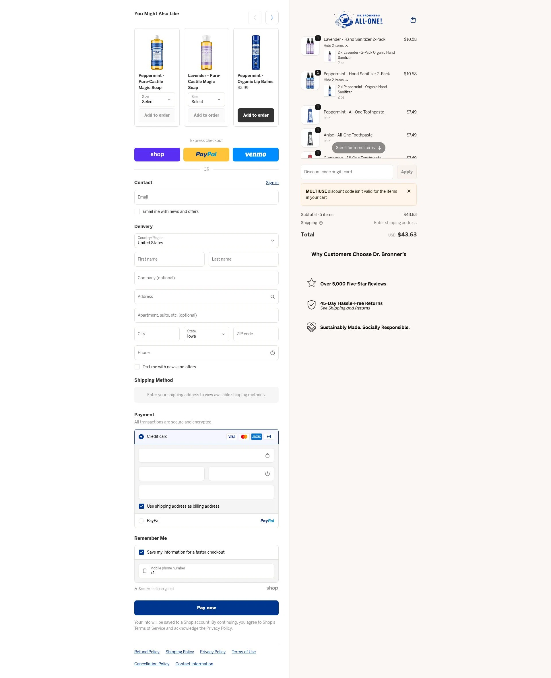 Dr. Bronner's checkout page showing Dr. Bronner's discount code box | Screenshot taken by SimplyCodes community member on Jan 16, 2026