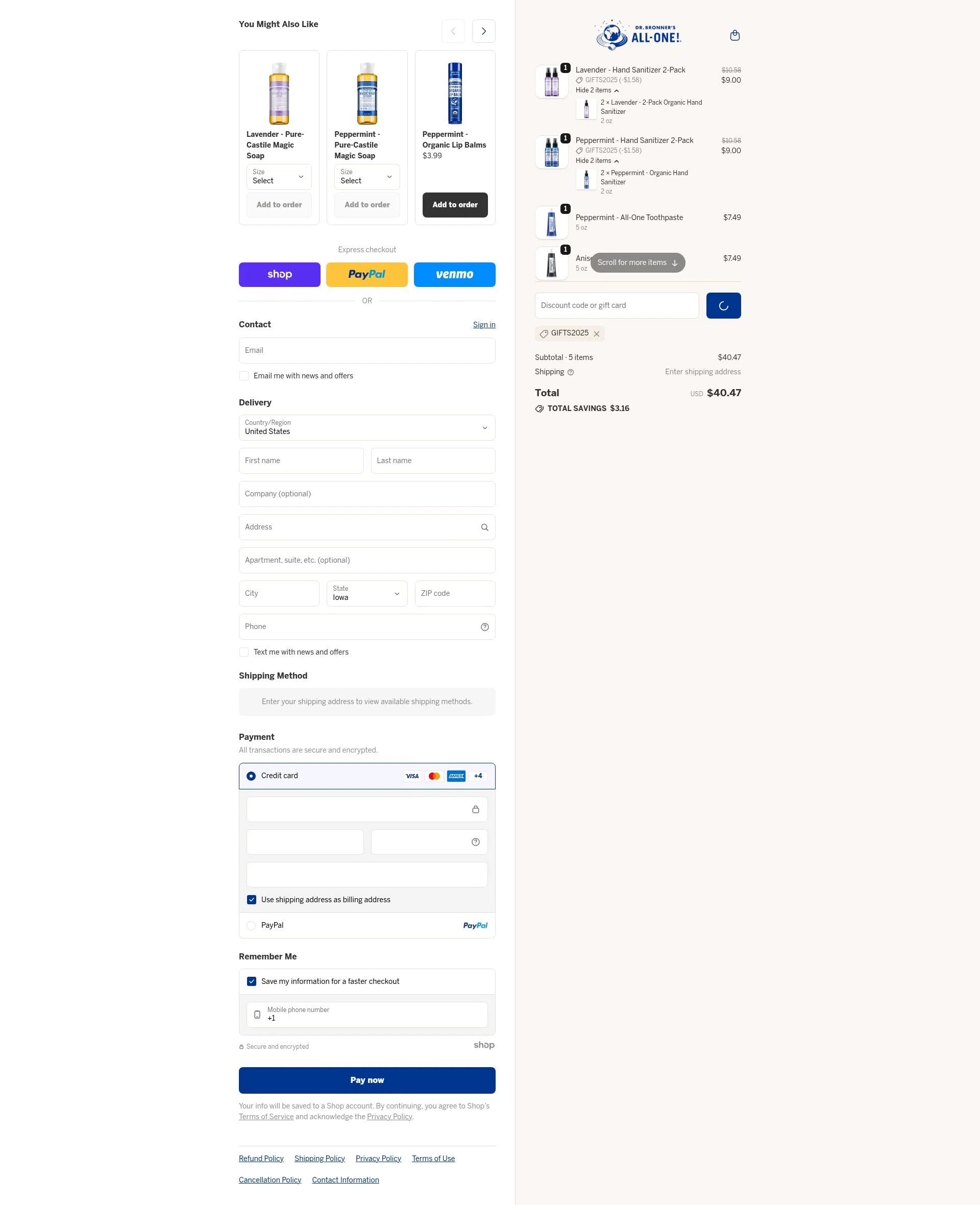 Dr. Bronner's checkout page showing Dr. Bronner's discount code box | Screenshot taken by SimplyCodes community member on Dec 22, 2025