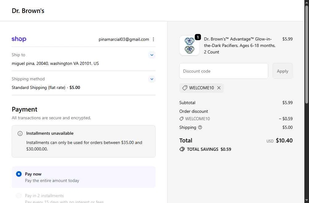 Dr. Brown's Baby checkout page showing Dr. Brown's Baby promo code box | Screenshot taken by SimplyCodes community member on Jan 5, 2026