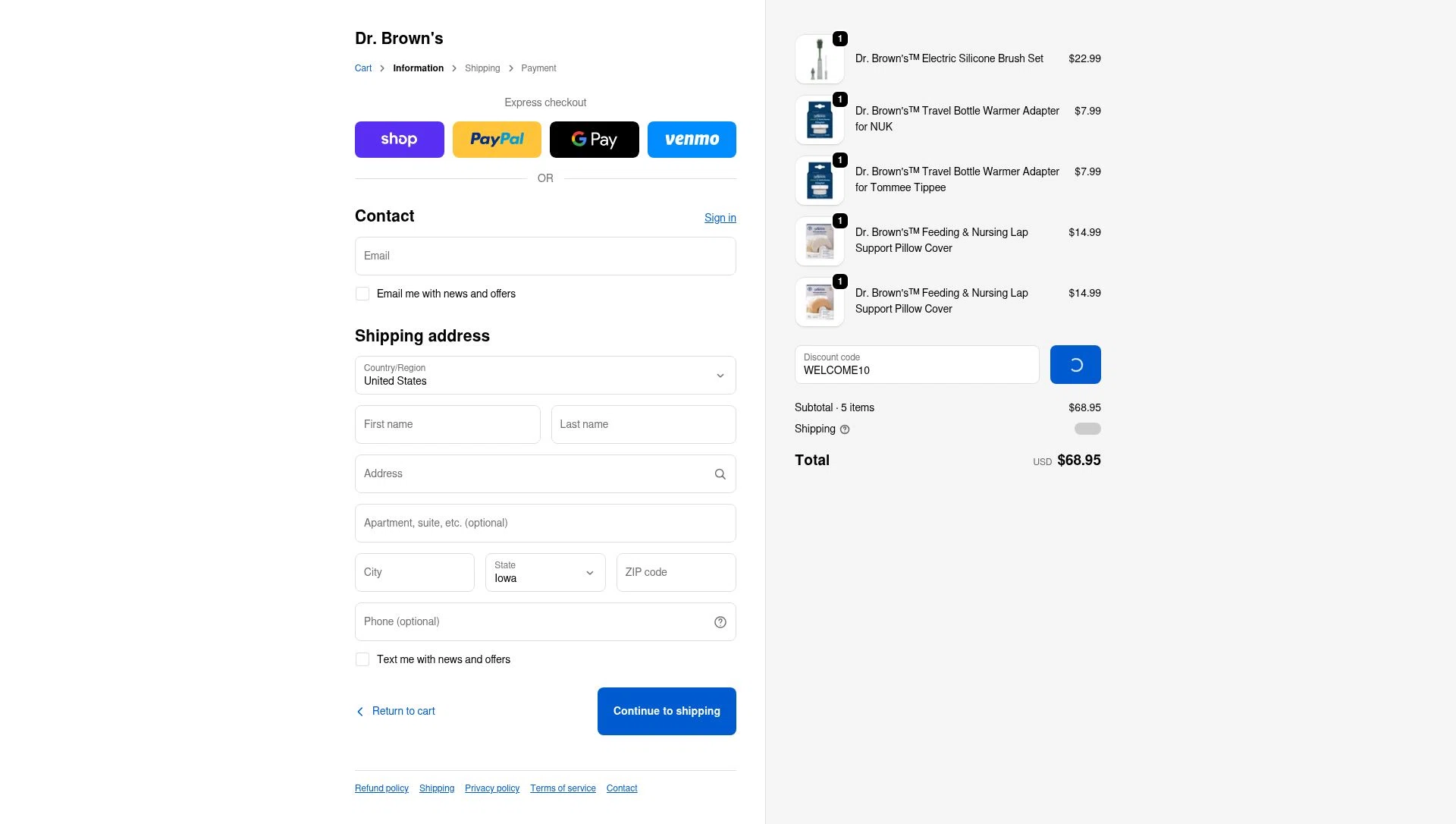 Dr. Brown's Baby checkout page showing Dr. Brown's Baby promo code box | Screenshot taken by SimplyCodes community member on Jan 5, 2026