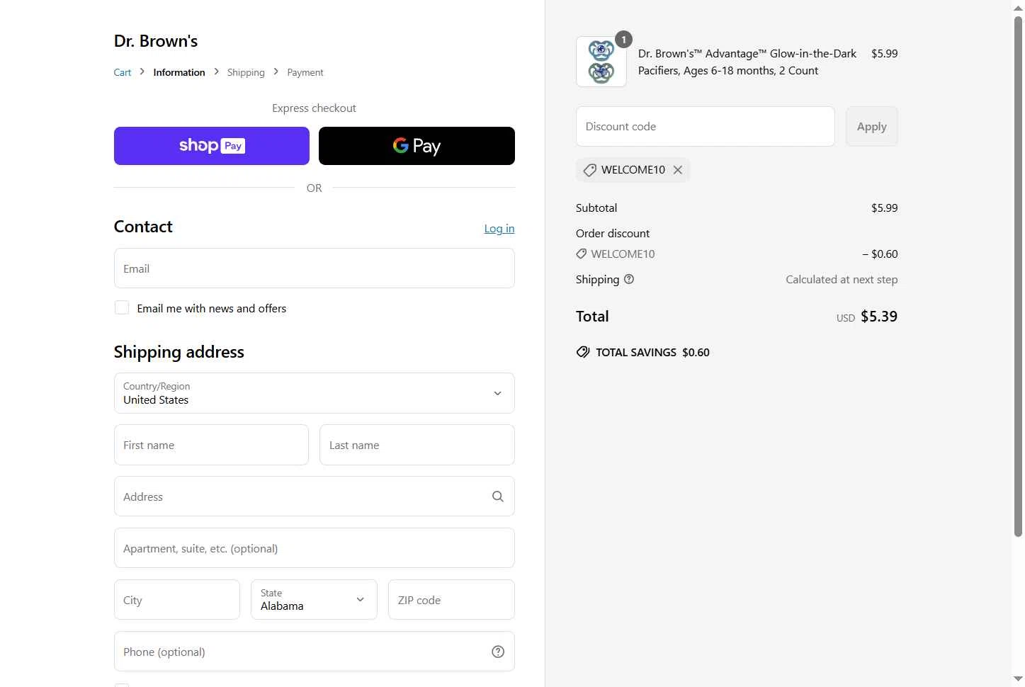 Dr. Brown's Baby checkout page showing Dr. Brown's Baby promo code box | Screenshot taken by SimplyCodes community member on Jul 1, 2025