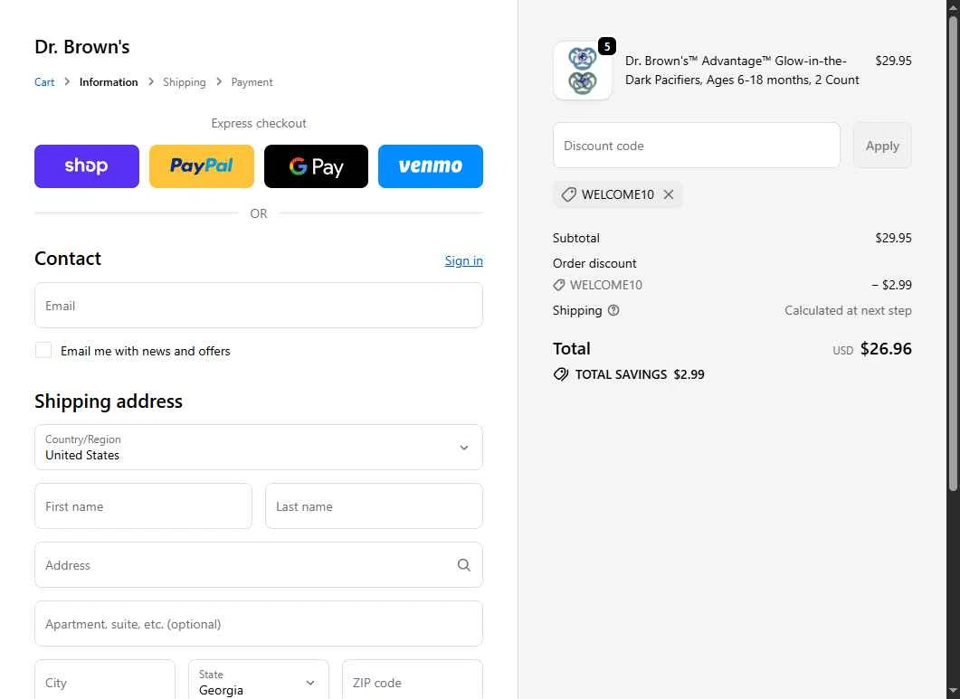 Dr. Brown's Baby checkout page showing Dr. Brown's Baby promo code box | Screenshot taken by SimplyCodes community member on Oct 6, 2025