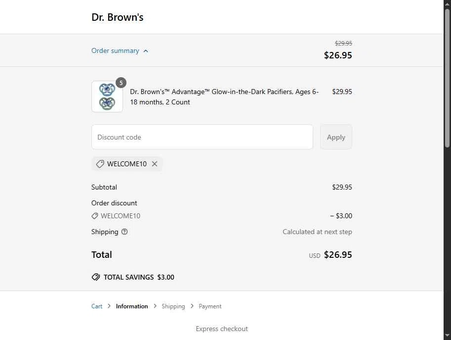 Dr. Brown's Baby checkout page showing Dr. Brown's Baby promo code box | Screenshot taken by SimplyCodes community member on Jun 10, 2025