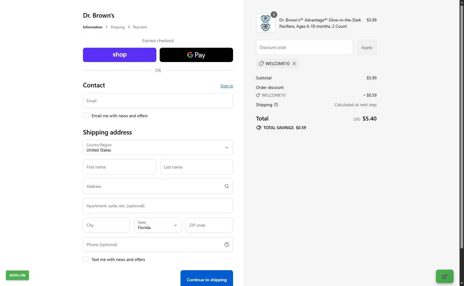 Dr. Brown's Baby checkout page showing Dr. Brown's Baby promo code box | Screenshot taken by SimplyCodes community member on Sep 13, 2025