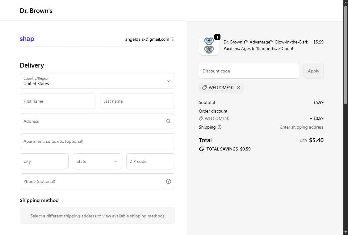 Dr. Brown's Baby checkout page showing Dr. Brown's Baby promo code box | Screenshot taken by SimplyCodes community member on Nov 15, 2025