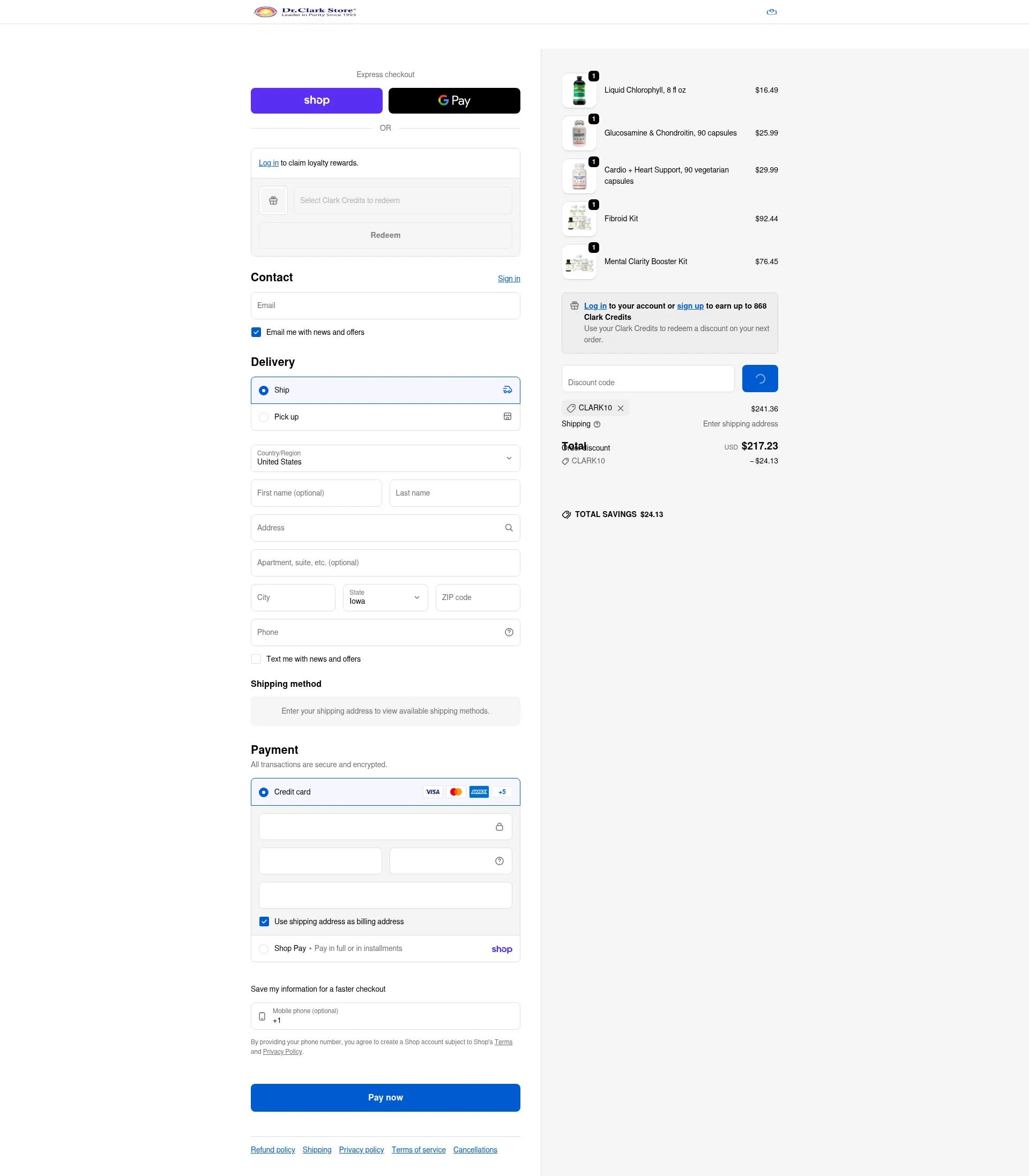 Dr. Clark Store checkout page showing Dr. Clark Store discount code box | Screenshot taken by SimplyCodes community member on Feb 5, 2026