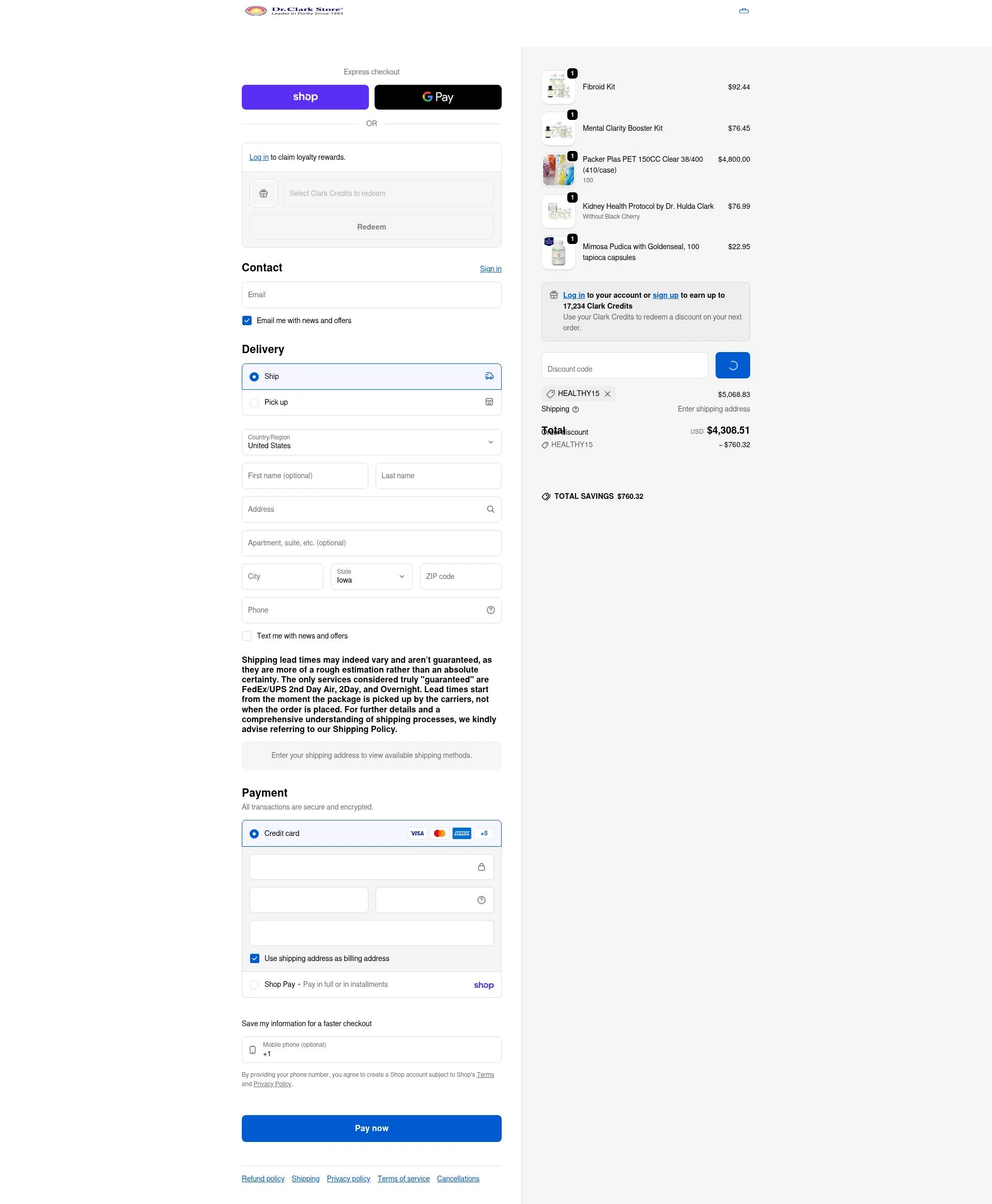 Dr. Clark Store checkout page showing Dr. Clark Store discount code box | Screenshot taken by SimplyCodes community member on Feb 1, 2026