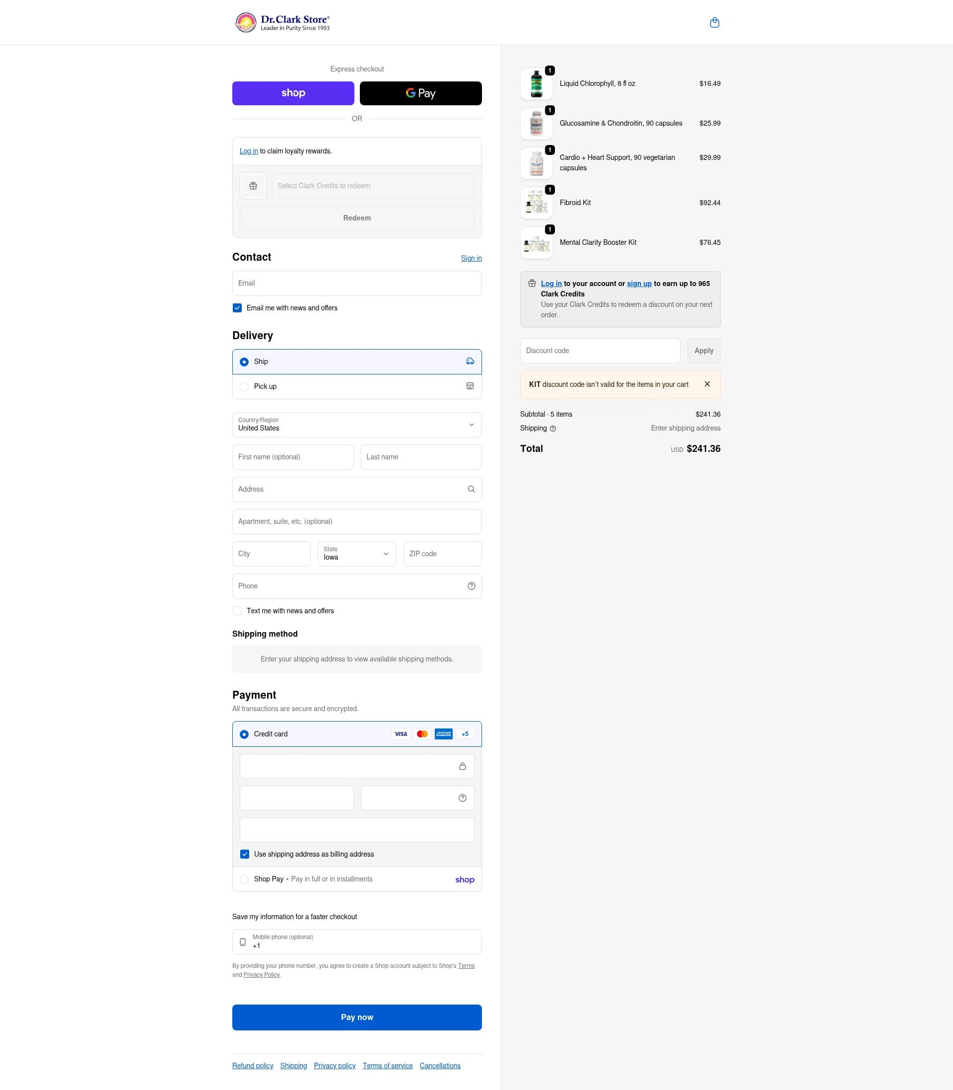Dr. Clark Store checkout page showing Dr. Clark Store discount code box | Screenshot taken by SimplyCodes community member on Feb 5, 2026