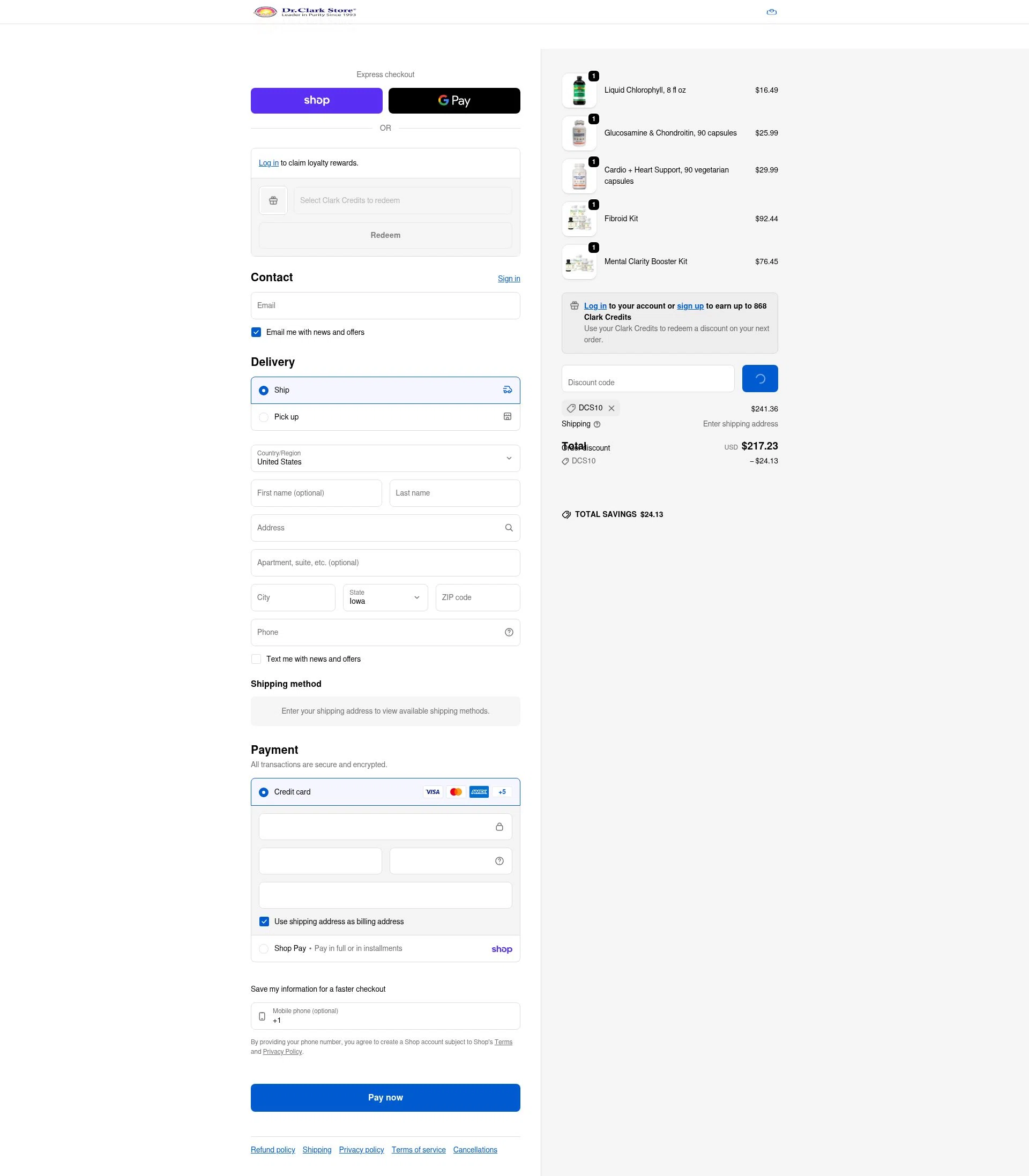 Dr. Clark Store checkout page showing Dr. Clark Store discount code box | Screenshot taken by SimplyCodes community member on Feb 5, 2026
