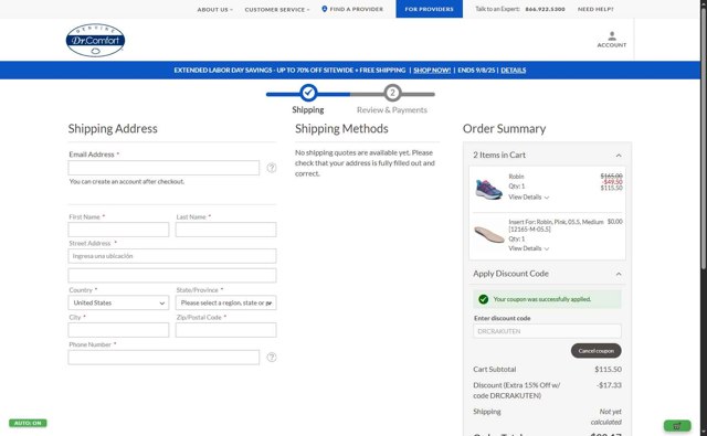 Dr. Comfort checkout page showing Dr. Comfort discount code box | Screenshot taken by SimplyCodes community member on Sep 7, 2025
