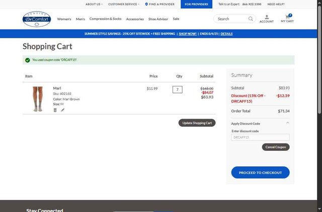Dr. Comfort checkout page showing Dr. Comfort discount code box | Screenshot taken by SimplyCodes community member on Jul 23, 2025