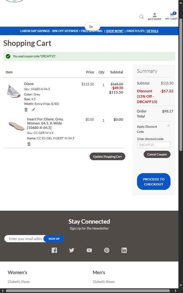 Dr. Comfort checkout page showing Dr. Comfort discount code box | Screenshot taken by SimplyCodes community member on Aug 21, 2025