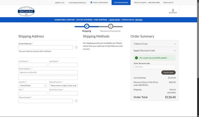 Dr. Comfort checkout page showing Dr. Comfort discount code box | Screenshot taken by SimplyCodes community member on Aug 19, 2025