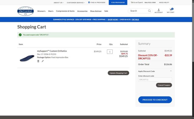 Dr. Comfort checkout page showing Dr. Comfort discount code box | Screenshot taken by SimplyCodes community member on Jul 23, 2025