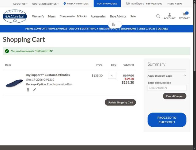 Dr. Comfort checkout page showing Dr. Comfort discount code box | Screenshot taken by SimplyCodes community member on Jul 11, 2025