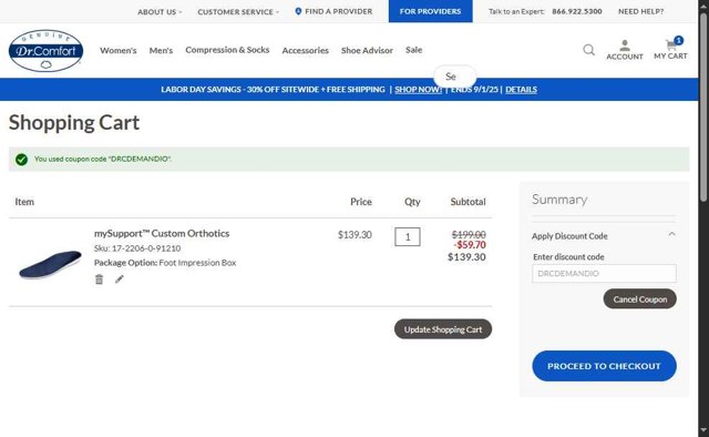Dr. Comfort checkout page showing Dr. Comfort discount code box | Screenshot taken by SimplyCodes community member on Aug 25, 2025