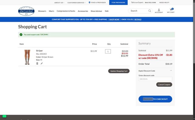 Dr. Comfort checkout page showing Dr. Comfort discount code box | Screenshot taken by SimplyCodes community member on Jul 21, 2025
