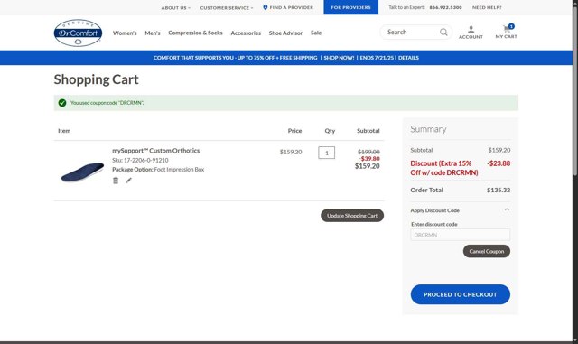 Dr. Comfort checkout page showing Dr. Comfort discount code box | Screenshot taken by SimplyCodes community member on Jul 21, 2025