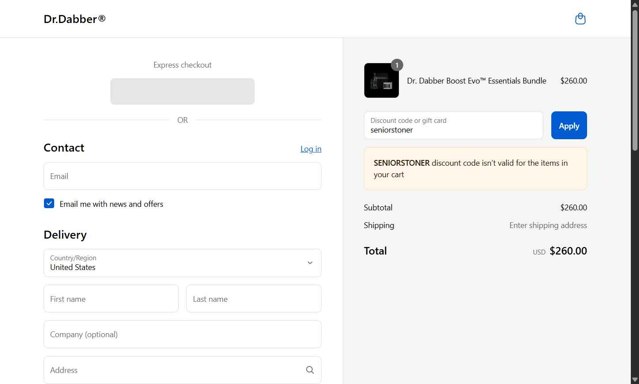 Dr. Dabber checkout page showing Dr. Dabber discount code box | Screenshot taken by SimplyCodes community member on Sep 3, 2025