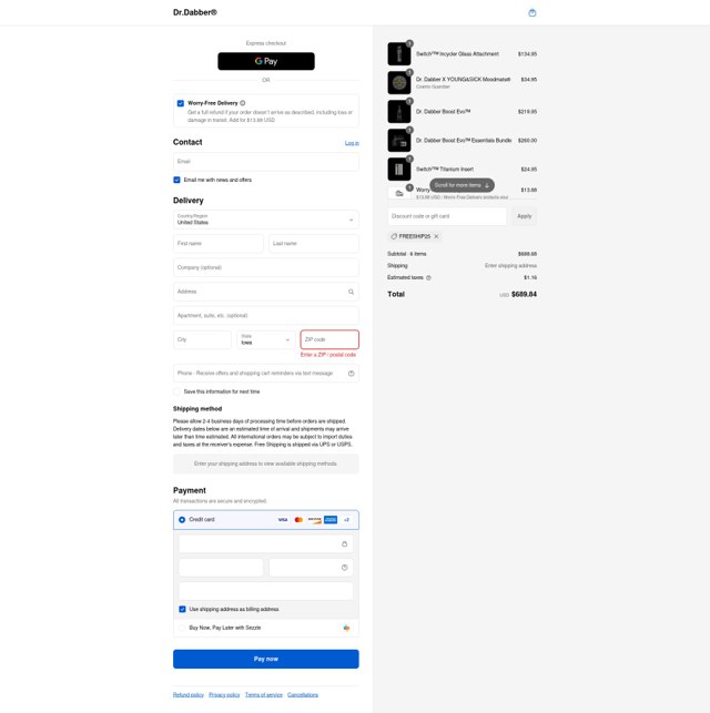 Dr. Dabber checkout page showing Dr. Dabber discount code box | Screenshot taken by SimplyCodes community member on Sep 6, 2025