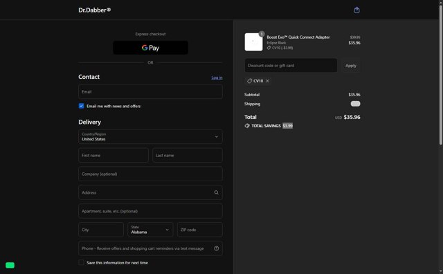 Dr. Dabber checkout page showing Dr. Dabber discount code box | Screenshot taken by SimplyCodes community member on Sep 3, 2025