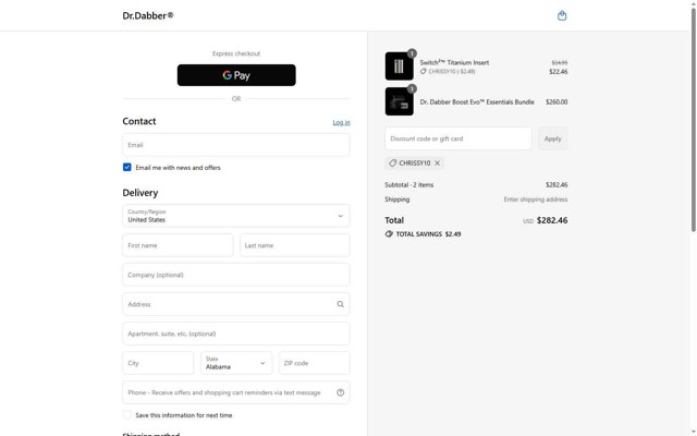 Dr. Dabber checkout page showing Dr. Dabber discount code box | Screenshot taken by SimplyCodes community member on Sep 3, 2025