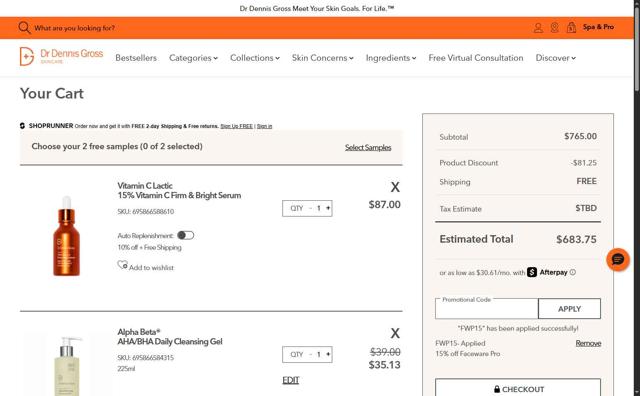 Dr. Dennis Gross checkout page showing Dr. Dennis Gross coupon code box | Screenshot taken by SimplyCodes community member on Sep 3, 2025