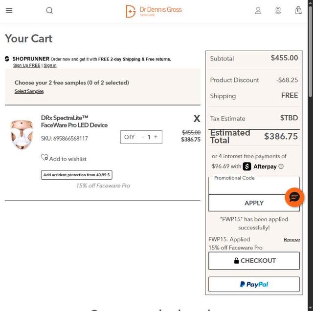 Dr. Dennis Gross checkout page showing Dr. Dennis Gross coupon code box | Screenshot taken by SimplyCodes community member on Jul 8, 2025
