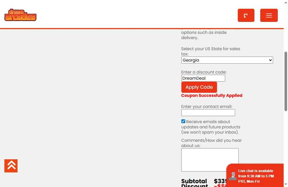 Dream Arcades checkout page showing Dream Arcades discount code box | Screenshot taken by SimplyCodes community member on Feb 20, 2026
