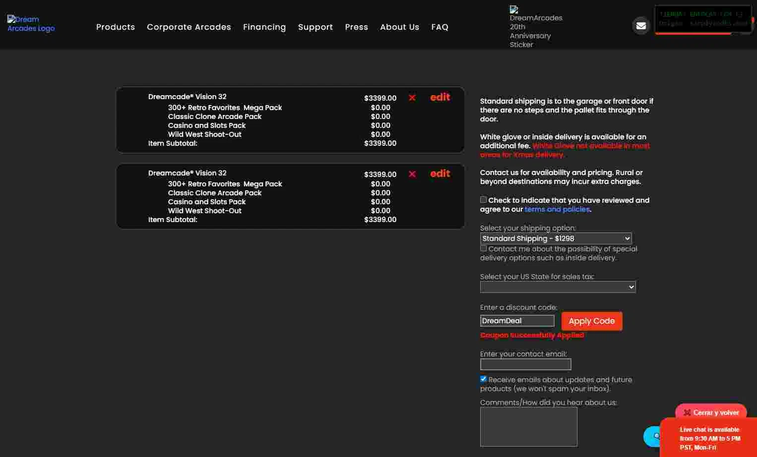 Dream Arcades checkout page showing Dream Arcades discount code box | Screenshot taken by SimplyCodes community member on Dec 24, 2025