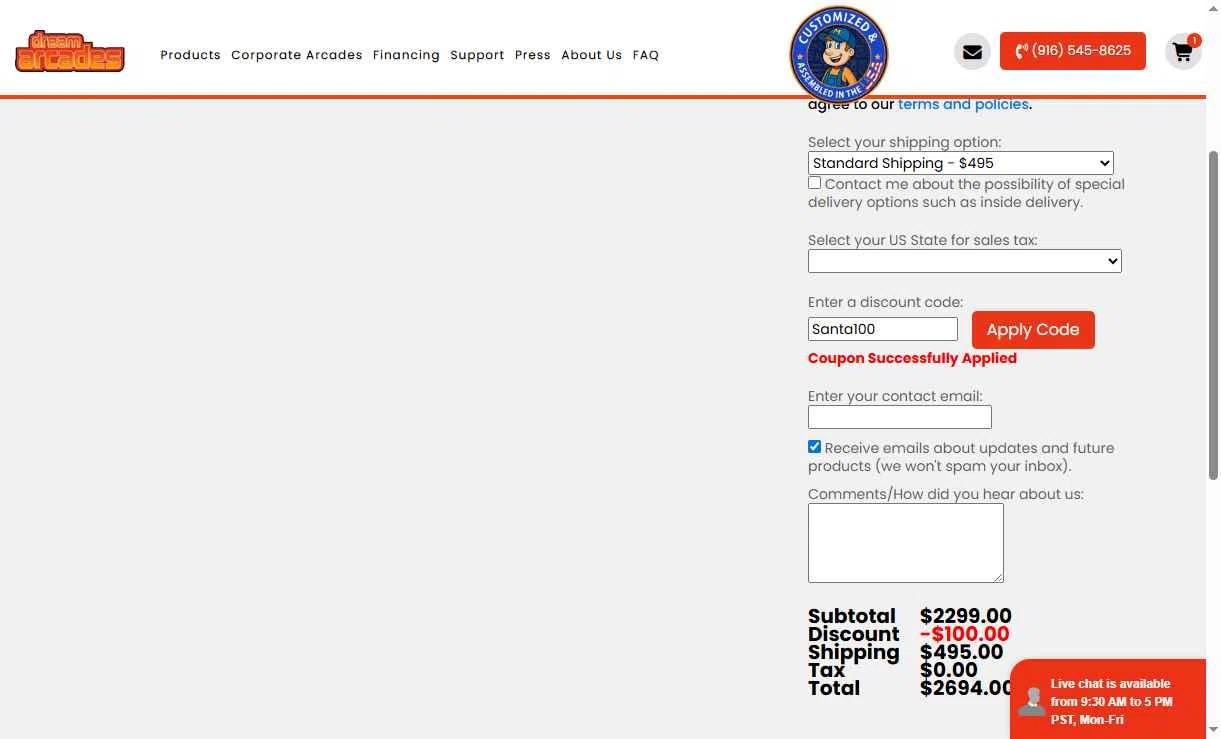 Dream Arcades checkout page showing Dream Arcades discount code box | Screenshot taken by SimplyCodes community member on Jan 16, 2026
