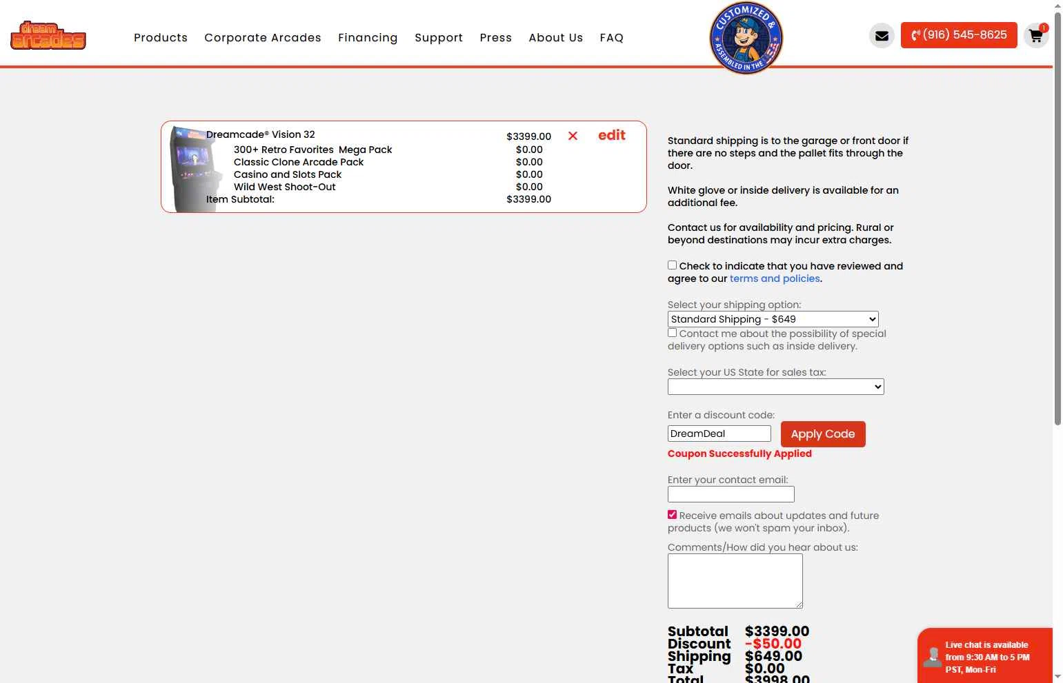 Dream Arcades checkout page showing Dream Arcades discount code box | Screenshot taken by SimplyCodes community member on Jan 22, 2026