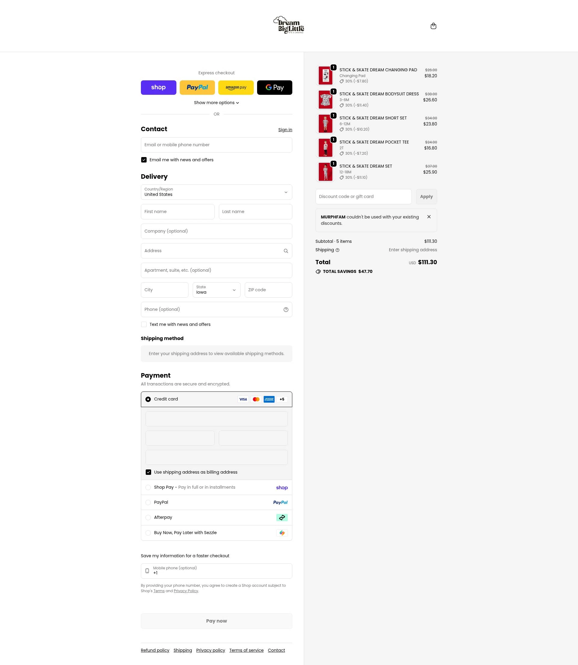 Dream Big Little Co. checkout page showing Dream Big Little Co. discount code box | Screenshot taken by SimplyCodes community member on Feb 7, 2026