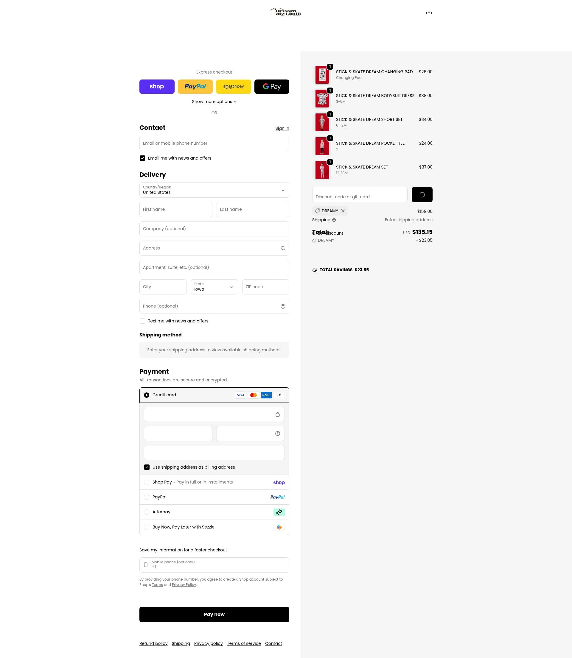 Dream Big Little Co. checkout page showing Dream Big Little Co. discount code box | Screenshot taken by SimplyCodes community member on Feb 11, 2026