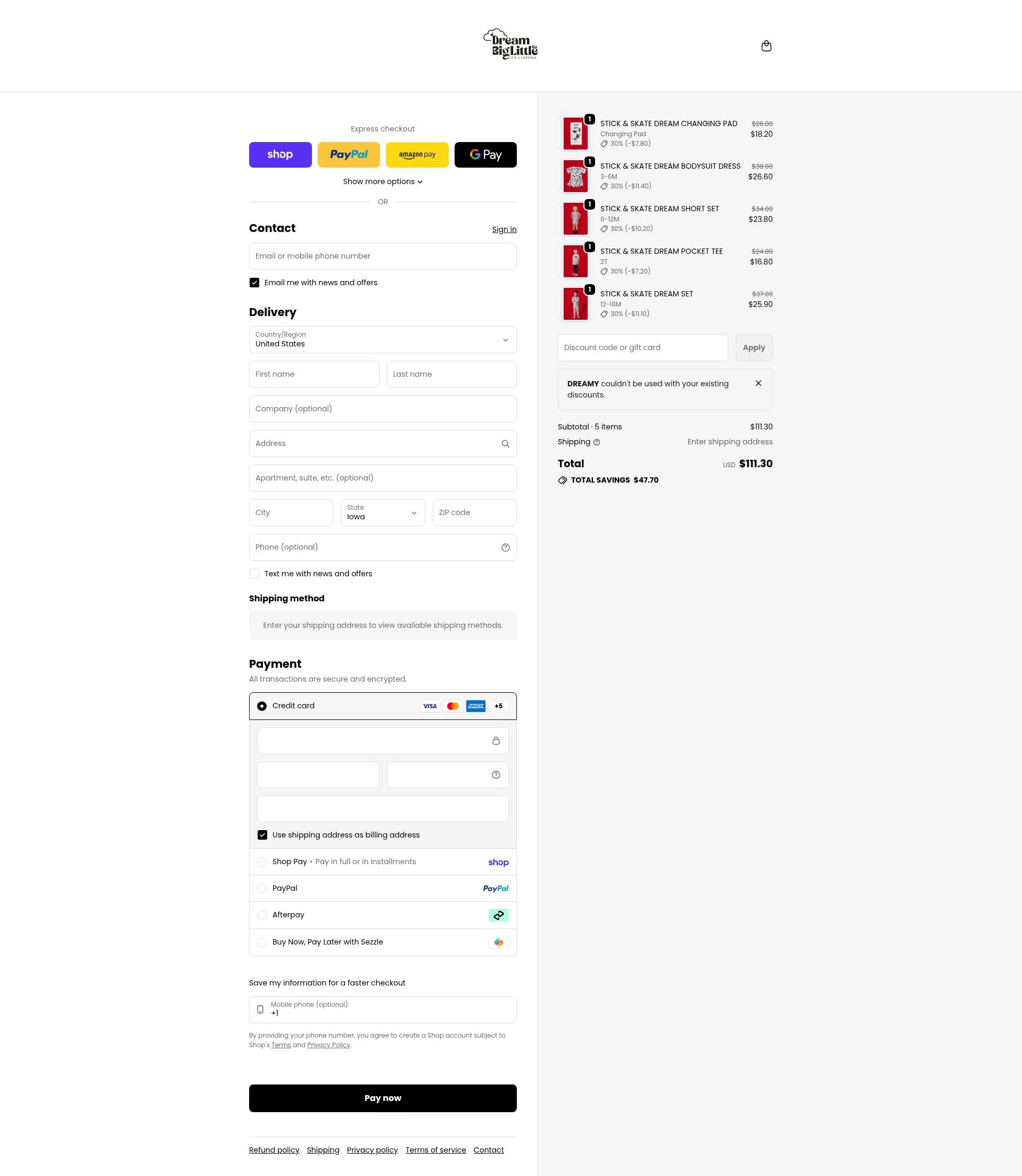 Dream Big Little Co. checkout page showing Dream Big Little Co. discount code box | Screenshot taken by SimplyCodes community member on Feb 7, 2026