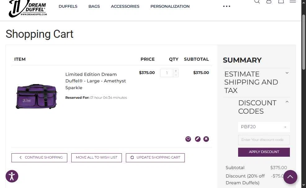 Dream Duffel checkout page showing Dream Duffel discount code box | Screenshot taken by SimplyCodes community member on Nov 15, 2025