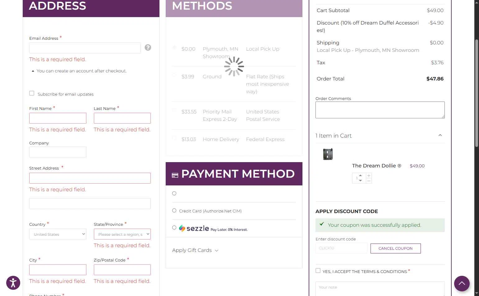 Dream Duffel checkout page showing Dream Duffel discount code box | Screenshot taken by SimplyCodes community member on Dec 24, 2025