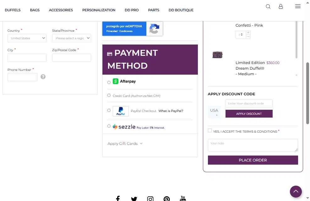 Dream Duffel checkout page showing Dream Duffel discount code box | Screenshot taken by SimplyCodes community member on Jul 2, 2025