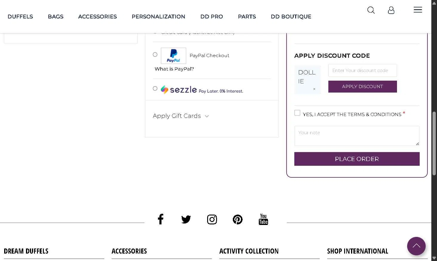 Dream Duffel checkout page showing Dream Duffel discount code box | Screenshot taken by SimplyCodes community member on Jul 4, 2025