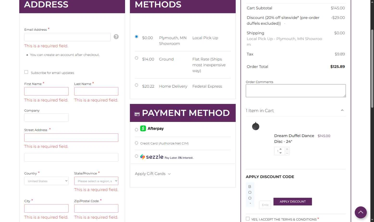 Dream Duffel checkout page showing Dream Duffel discount code box | Screenshot taken by SimplyCodes community member on Oct 31, 2025